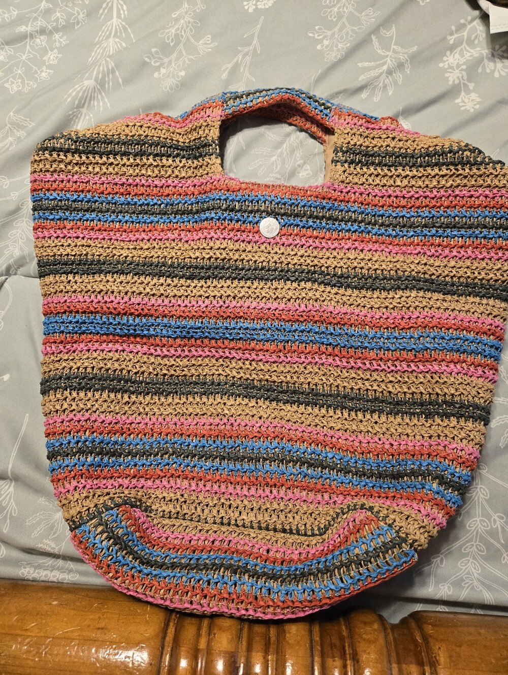 Roxy Handwoven Multicolor Crochet Tote Bag - Pink, Blue & Tan